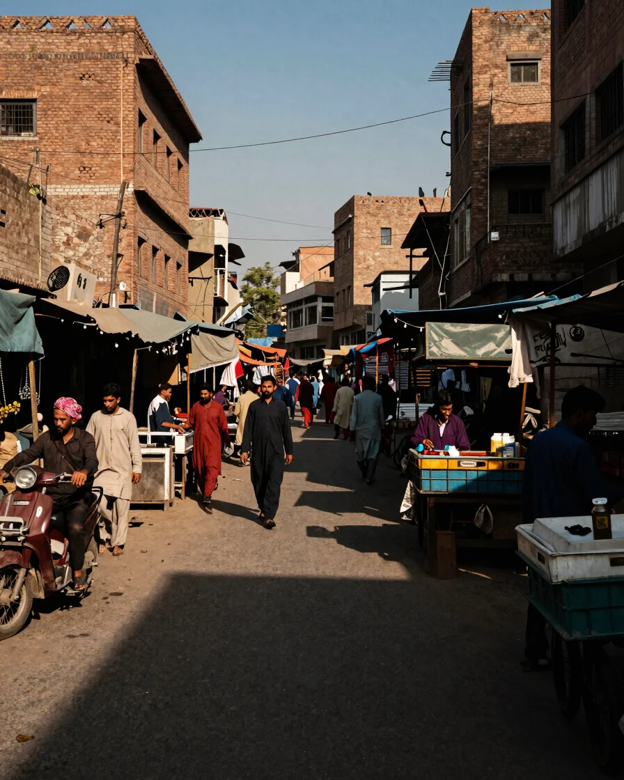 High-contrast documentary photojournalistic shot of a modern urban street market along the Indus River in Pakistan, warm